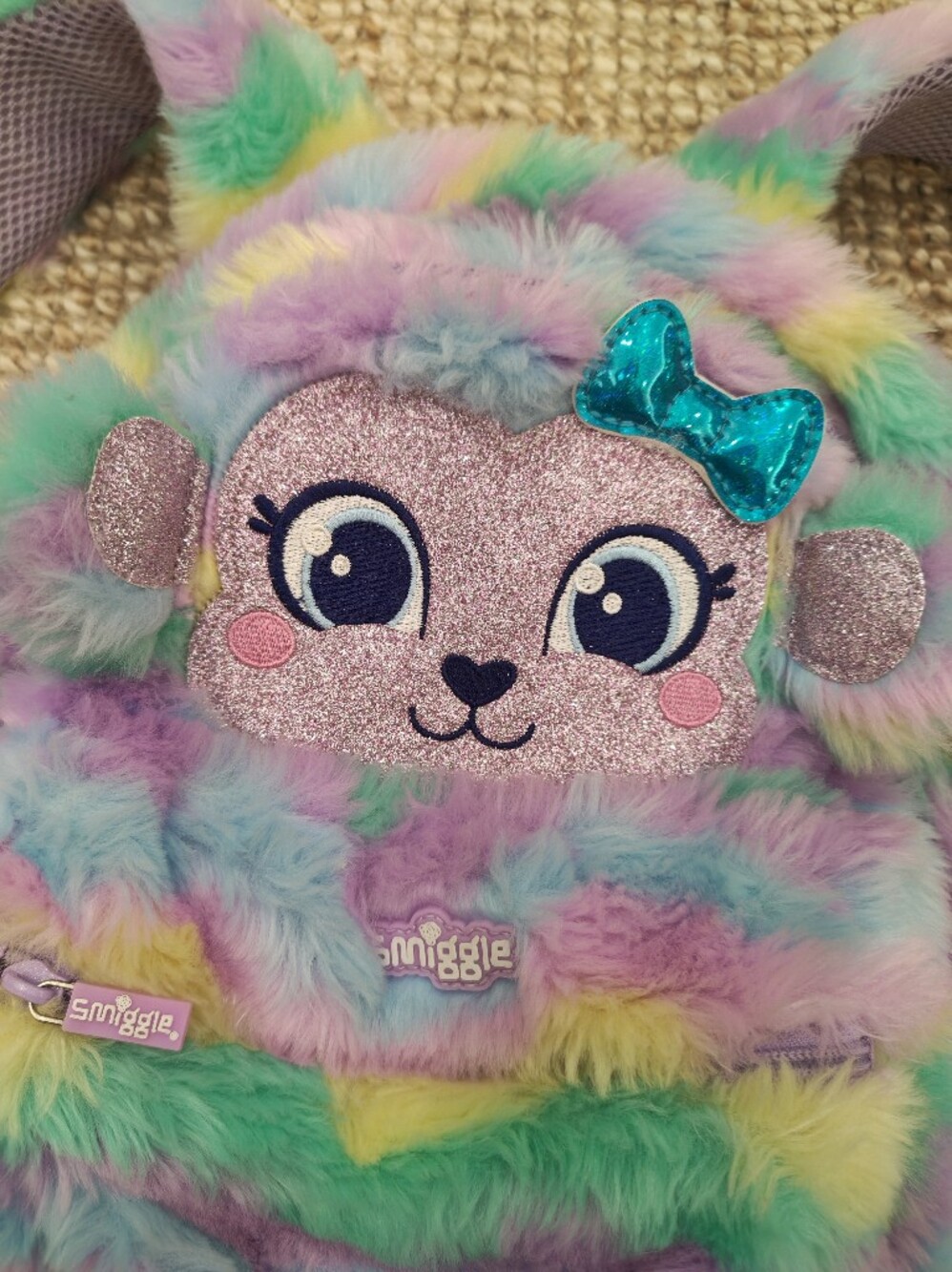 Y2K Smiggle Kids Multicolor Furry Pup Backpack With Pink Glitter Face